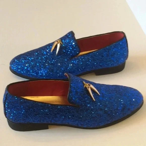 💎 Blue Glitter Loafers Gold Tassels Size US8 Euro41 - Picture 10 of 11